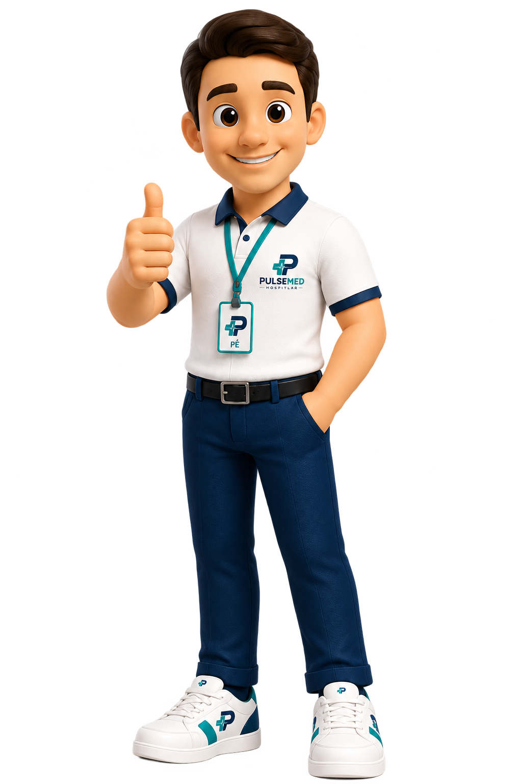 PÊ, mascote da PulseMed, sorrindo e fazendo sinal de positivo